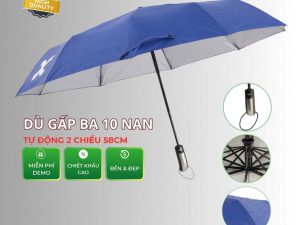 Dù cầm tay gấp 3 in logo là lựa chọn quà tặng lý tưởng cho doanh nghiệp tri ân khách hàng, nhân viên, đối tác. Thiết kế nhỏ gọn, in logo rõ nét nổi bật, bấm mở tiện lợi, phù hợp cho các chiến dịch quảng bá thương hiệu mùa mưa nắng.